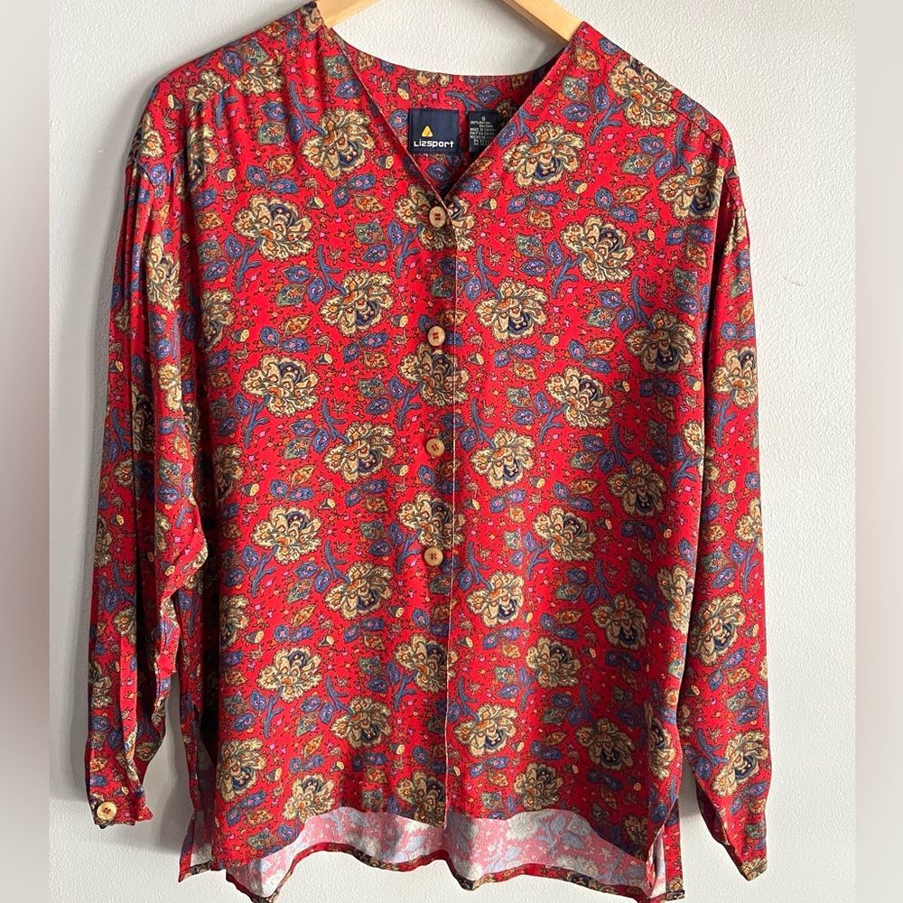 Vintage 90s Lizsport Red Paisley Rayon Blouse Oversized Boho Art Teacher